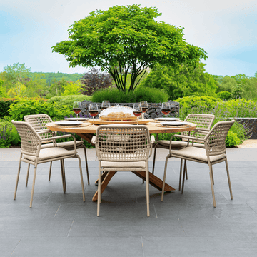 4SO Barista Outdoor 6 Seat Dining Set with Prado 160cm Teak Round Table with Lazy Susan
