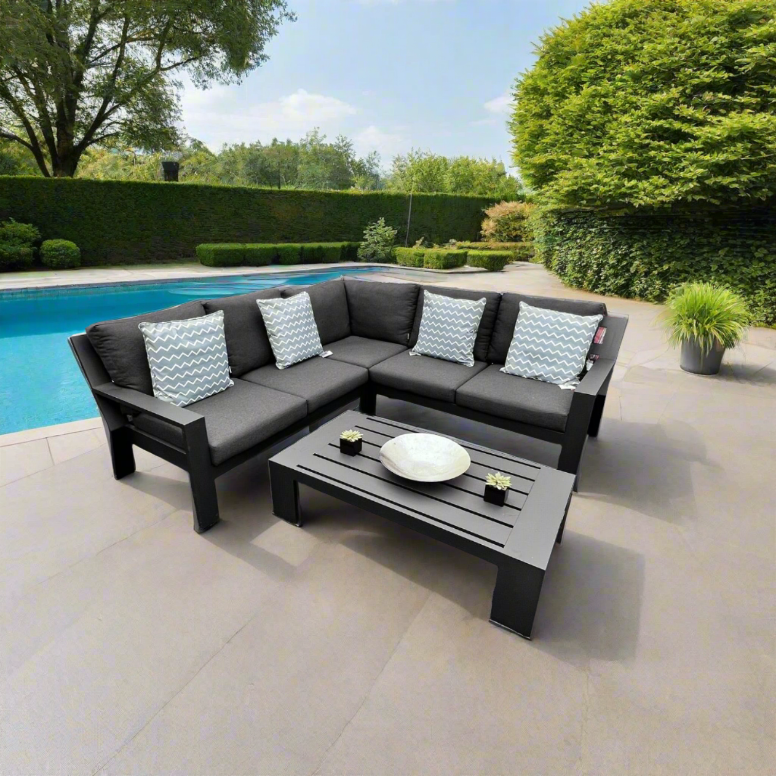 Jati & Kebon Cove Outdoor 5 Seat Corner Set Charcoal Sunbrella Cushions